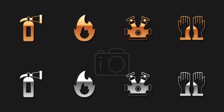 Set Fire extinguisher flame hydrant and Firefighter gloves icon. Vector.