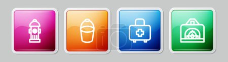 Téléchargez les illustrations : Set line Fire hydrant, bucket, First aid kit and Interior fireplace. Colorful square button. Vector. - en licence libre de droit