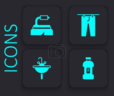 Illustration for Set Bottle for detergent, Brush cleaning, Drying clothes and Washbasin icon. Black square button. Vector - Royalty Free Image