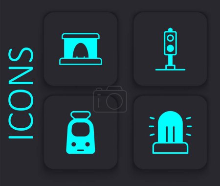 Ilustración de Set Flasher siren, Railway tunnel, Train traffic light and and railway icon. Black square button. Vector - Imagen libre de derechos