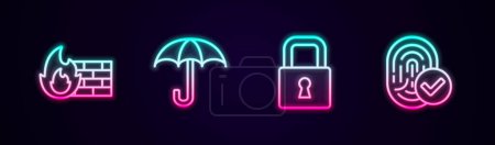 Ilustración de Set line Firewall security wall Umbrella Lock and Fingerprint. Glowing neon icon. Vector. - Imagen libre de derechos