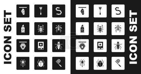 Téléchargez les illustrations : Set Worm Beetle deer Spray against insects Butterfly cocoon Mosquito Fly swatter Termite and Hive for bees icon. Vector. - en licence libre de droit