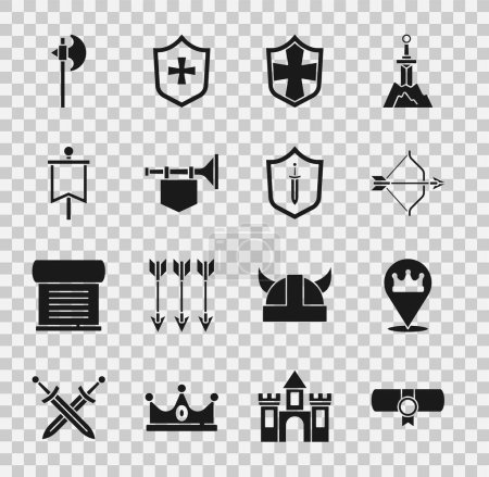 Set Decree parchment scroll Location king crown Medieval bow and arrow Shield Trumpet with flag axe and shield sword icon. Vector.