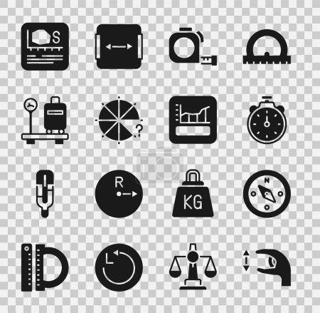 Illustration for Set Approximate measurements Compass Stopwatch Roulette construction Circle of pieces Scale with suitcase Area and Graph schedule chart diagram icon. Vector. - Royalty Free Image