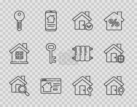 Set line Search house Location with House check mark Online real estate key and under protection icon. Vector.