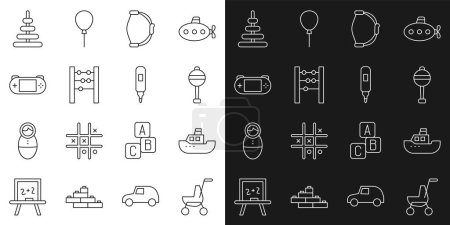 Téléchargez les illustrations : Set line Baby stroller Toy boat Rattle baby toy Bow Abacus Portable video game console Pyramid and Marker pen icon. Vector. - en licence libre de droit
