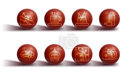 Illustration for Set line Mountain descent Ice resurfacer Thermos container Route location Ski lift Hot chocolate cup hockey goal and Mountains icon. Vector. - Royalty Free Image