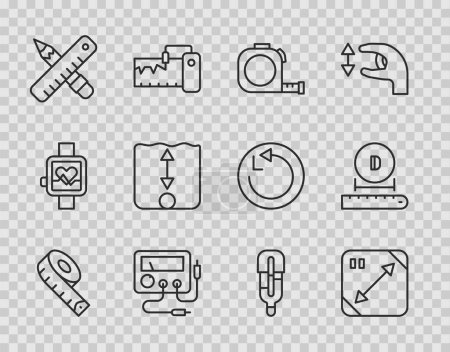 Illustration for Set line Measuring tape Diagonal measuring Roulette construction Multimeter voltmeter Crossed ruler and pencil Depth measurement Medical thermometer and Diameter icon. Vector. - Royalty Free Image