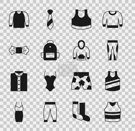 Illustration for Set Undershirt Leggings Female crop top School backpack Bow tie Sweater and Hoodie icon. Vector. - Royalty Free Image