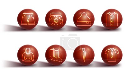 Illustration for Set line Short or pants Hoodie Shirt Umbrella Socks Swimming trunks and Beanie hat icon. Vector. - Royalty Free Image