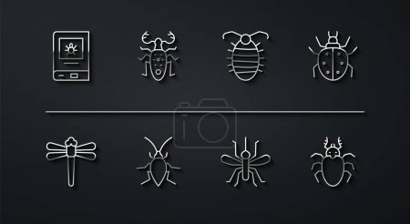 Ilustración de Set line Book about insect Dragonfly Mite Mosquito Cockroach Beetle deer and Larva icon. Vector. - Imagen libre de derechos
