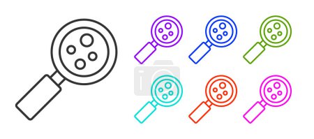 Illustration for Black line Microorganisms under magnifier icon isolated on white background. Bacteria and germs, cell cancer, microbe, virus, fungi. Set icons colorful. Vector. - Royalty Free Image