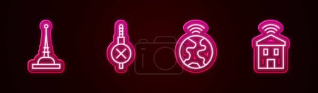 Ilustración de Set line Antenna No audio jack Global technology and Smart home with wi-fi. Glowing neon icon. Vector. - Imagen libre de derechos