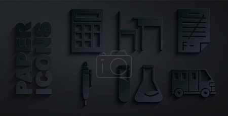 Illustration for Set Test tube and flask Exam paper with incorrect answers Pen School Bus table chair and Calculator icon. Vector. - Royalty Free Image