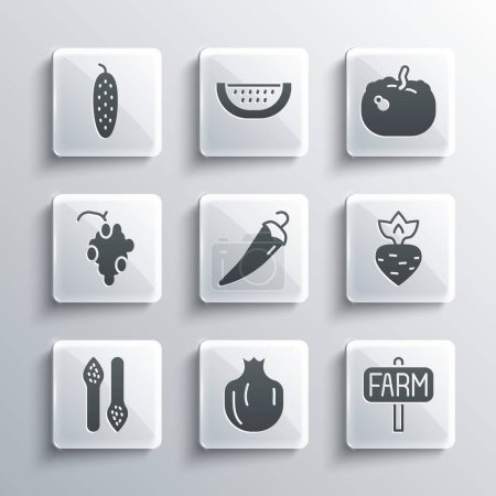 Illustration for Set Pomegranate Location farm Turnip Hot chili pepper Asparagus Grape fruit Cucumber and Pumpkin icon. Vector. - Royalty Free Image