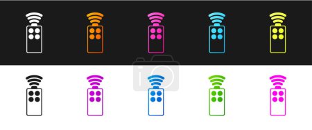 Ilustración de Set Remote control for the camera icon isolated on black and white background. An auxiliary device that allows you to work with a camera from a distance. Vector. - Imagen libre de derechos