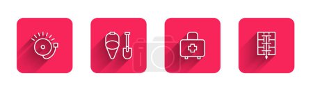 Téléchargez les illustrations : Set line Ringing alarm bell, Fire shovel and bucket, First aid kit and Evacuation plan with long shadow. Red square button. Vector. - en licence libre de droit