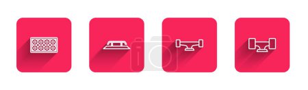 Illustration for Set line Skateboard wheel, stairs with rail, and with long shadow. Red square button. Vector. - Royalty Free Image