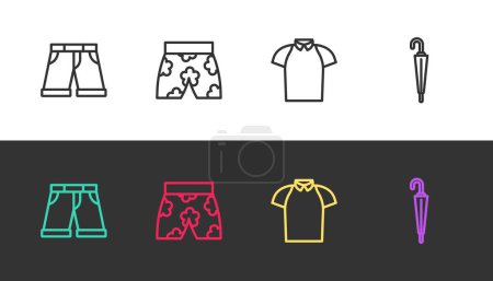 Illustration for Set line Short or pants Swimming trunks Polo shirt and Umbrella on black and white. Vector. - Royalty Free Image