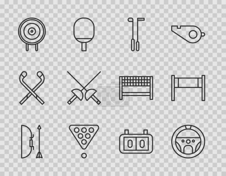 Illustration for Set line Bow and arrow in quiver, Steering wheel, Golf club, Billiard balls rack triangle, Target sport, Fencing, Sport mechanical scoreboard and Volleyball net icon. Vector - Royalty Free Image