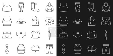 Illustration for Set line Pants, Umbrella, Swimming trunks, Socks, Man hat, Female crop top,  and Handbag icon. Vector - Royalty Free Image