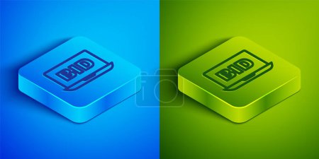 Isometric line Online auction icon isolated on blue and green background. Bid sign. Auction bidding. Sale and buyers. Square button. Vector