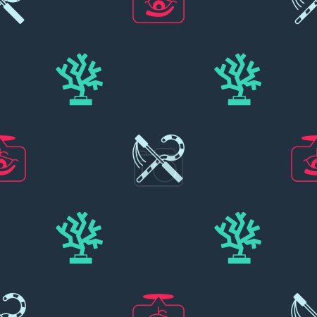 Ilustración de Set Eye of Horus, Crook and flail and Coral on seamless pattern. Vector - Imagen libre de derechos