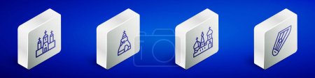 Illustration for Set Isometric line Church building, The Tsar bell, Saint Basil's Cathedral and Kankles icon. Vector - Royalty Free Image