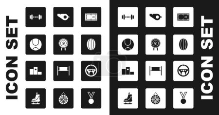 Illustration for Set Billiard table, Target sport, Tennis ball, Dumbbell, Rugby, Whistle, Steering wheel and Award over sports winner podium icon. Vector - Royalty Free Image