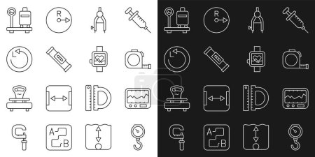 Illustration for Set line Hand scale spring mechanical Measuring instrument Roulette construction Drawing compass Construction bubble level Radius Scale with suitcase and Smart watch icon. Vector. - Royalty Free Image
