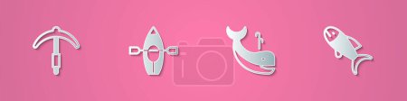 Illustration for Set paper cut Pickaxe Kayak and paddle Whale and Fish icon. Paper art style. Vector. - Royalty Free Image
