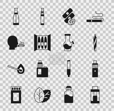 Set Vape mod device, Marijuana joint, spliff, Medical nicotine patches, Cigar, Man smoking cigarette, liquid bottle and Bong icon. Vector