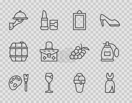 Illustration for Set line Paint brush with palette, Woman dress, Picture, Wine glass, Covered tray of food, Handbag, Ice cream and Perfume icon. Vector - Royalty Free Image