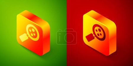 Illustration for Isometric Microorganisms under magnifier icon isolated on green and red background. Bacteria and germs, cell cancer, microbe, virus, fungi. Square button. Vector - Royalty Free Image
