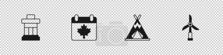 Illustration for Set Inukshuk, Canada day with maple leaf, Indian teepee or wigwam and Wind turbine icon. Vector - Royalty Free Image