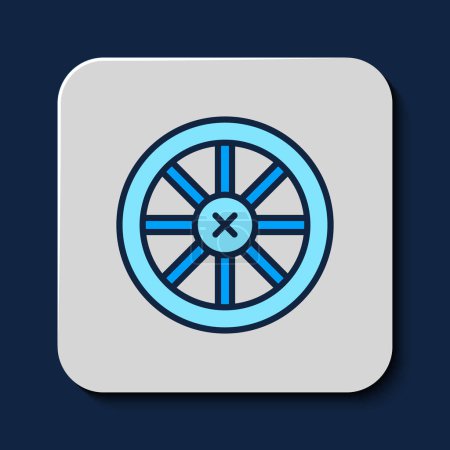 Illustration for Filled outline Old wooden wheel icon isolated on blue background.  Vector - Royalty Free Image