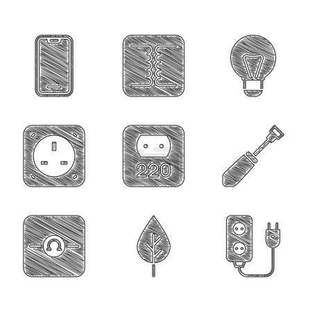 Téléchargez les illustrations : Set prise électrique, Leaf Eco symbole, extension, tournevis, Ohmmeter, idée de lampe créative et icône de téléphone portable. Vecteur - en licence libre de droit