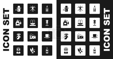 Illustration for Set Bottle of olive oil, Fountain, Perfume, Pinocchio, Mannequin, Vitruvian, Coffee cup and Roman army helmet icon. Vector - Royalty Free Image