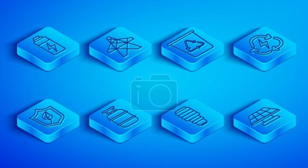 Illustration for Set line Battery, Electric tower, Recycle bin with recycle, Propane gas tank, LED light bulb, Shield leaf and Solar energy panel icon. Vector - Royalty Free Image