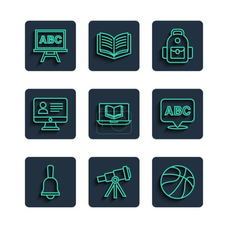 Set line Ringing bell, Telescope, Basketball ball, School backpack, Online class, Chalkboard and Alphabet icon. Vector