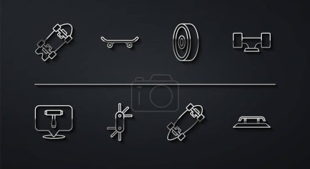 Illustration for Set line Longboard or skateboard, Skateboard T tool, wheel, Tool allen keys, stairs with rail and ball bearing icon. Vector - Royalty Free Image