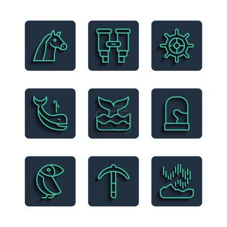 Illustration for Set line Albatross, Pickaxe, Northern lights, Ship steering wheel, Whale tail, Horse and Christmas mittens icon. Vector - Royalty Free Image