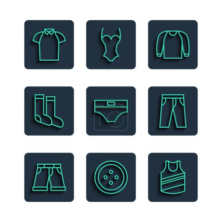 Illustration for Set line Short or pants, Sewing button for clothes, Undershirt, Sweater, Men underpants, Socks, Polo and Pants icon. Vector - Royalty Free Image