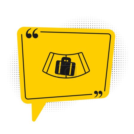 Téléchargez les illustrations : Courroie transporteuse de l'aéroport noir avec bagages passagers, valise, sac, icône de bagage isolé sur fond blanc. Symbole de bulle de parole jaune. Vecteur - en licence libre de droit
