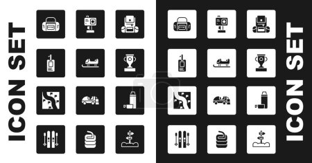 Illustration for Set Hiking backpack, Sled, Identification badge, Sport bag, Award cup, Action camera, Thermos container and Route location icon. Vector - Royalty Free Image