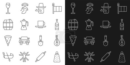 Illustration for Set line Grater, Mandolin, Bottle of wine, Pinocchio, Coffee moca pot, Barrel for, Wine glass and cup icon. Vector - Royalty Free Image