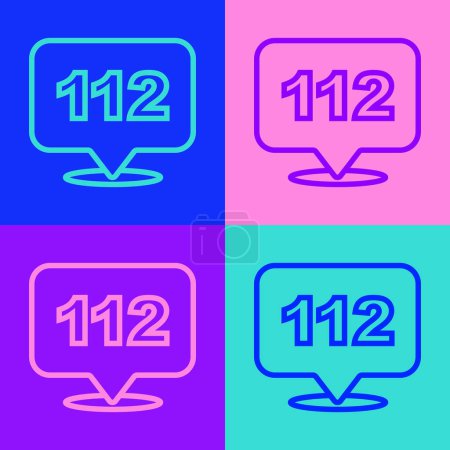 Illustration for Pop art line Telephone with emergency call 112 icon isolated on color background. Police, ambulance, fire department, call, phone.  Vector - Royalty Free Image