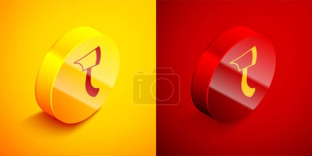 Téléchargez les illustrations : Isométrique icône de hache de pompier isolé sur fond orange et rouge. Hache de feu. Cercle bouton. Vecteur - en licence libre de droit