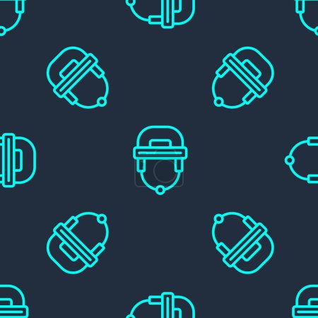 Illustration for Green line Hockey helmet icon isolated seamless pattern on blue background.  Vector - Royalty Free Image