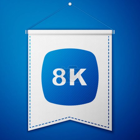 Illustration for Blue 8k Ultra HD icon isolated on blue background. White pennant template. Vector - Royalty Free Image